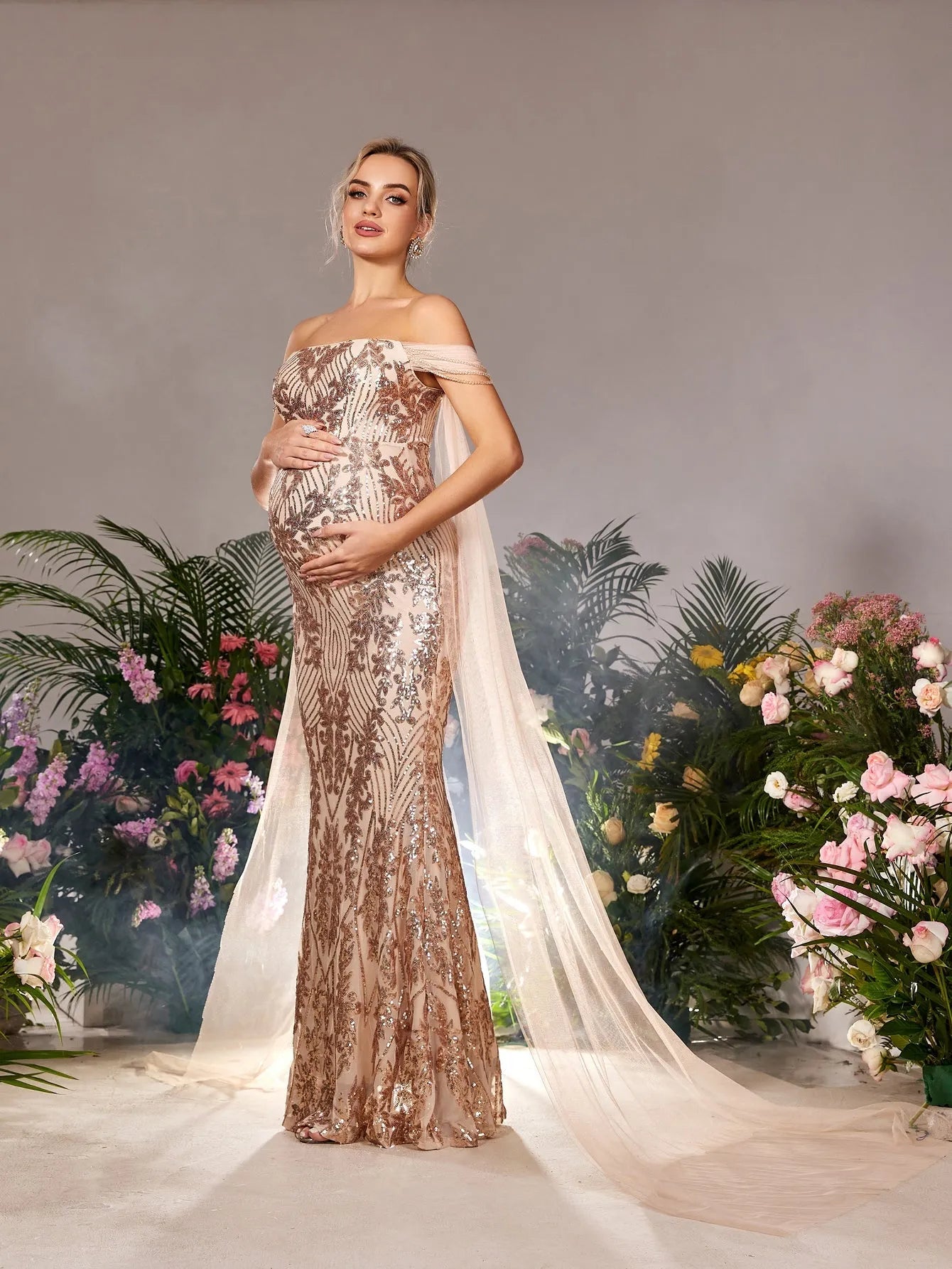 Maternity Off Shoulder Mermaid Hem Graphic Sequin Evening Dress