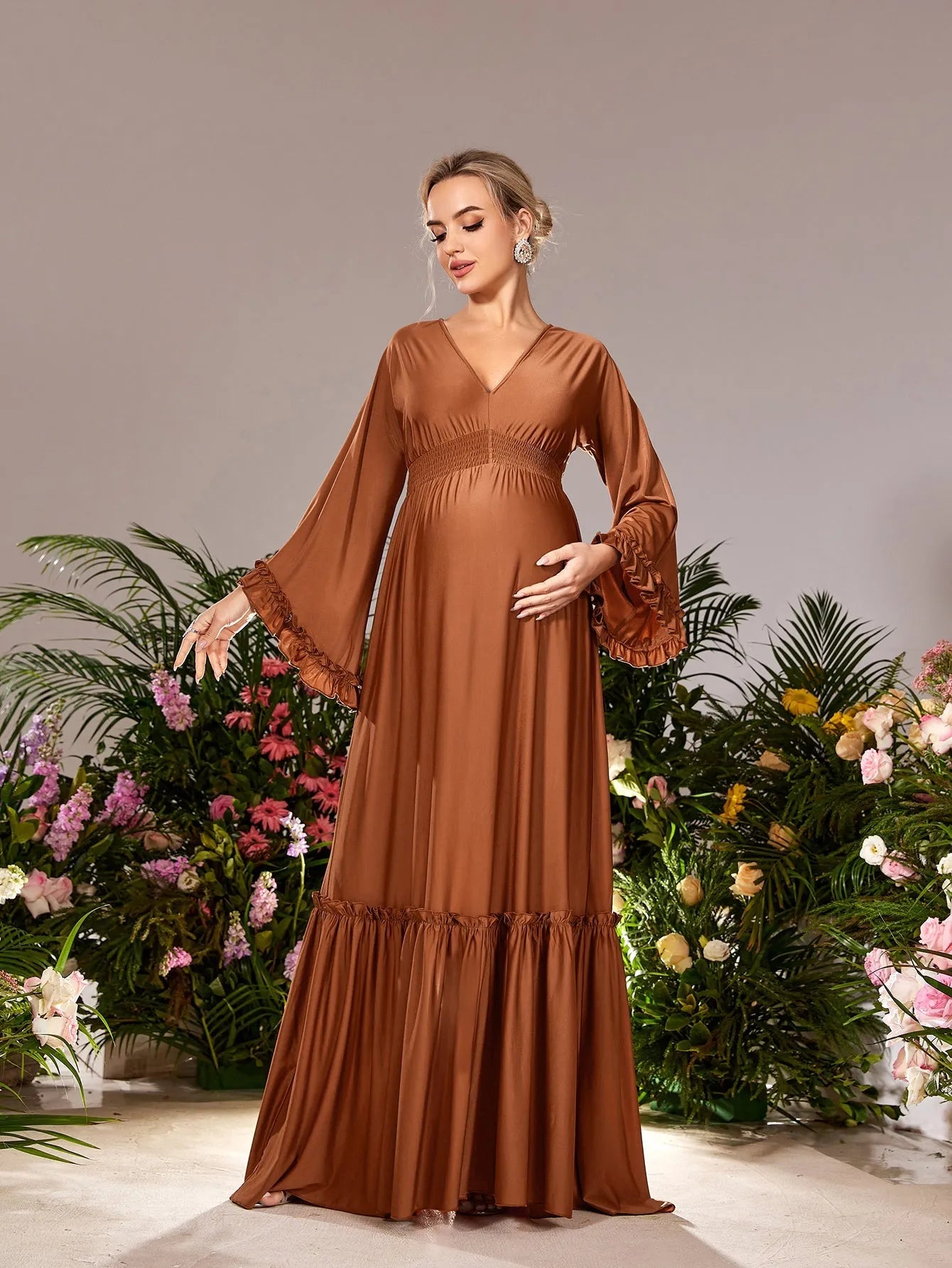 Maternity V Neck Flared Sleeves Formal Evening Dress