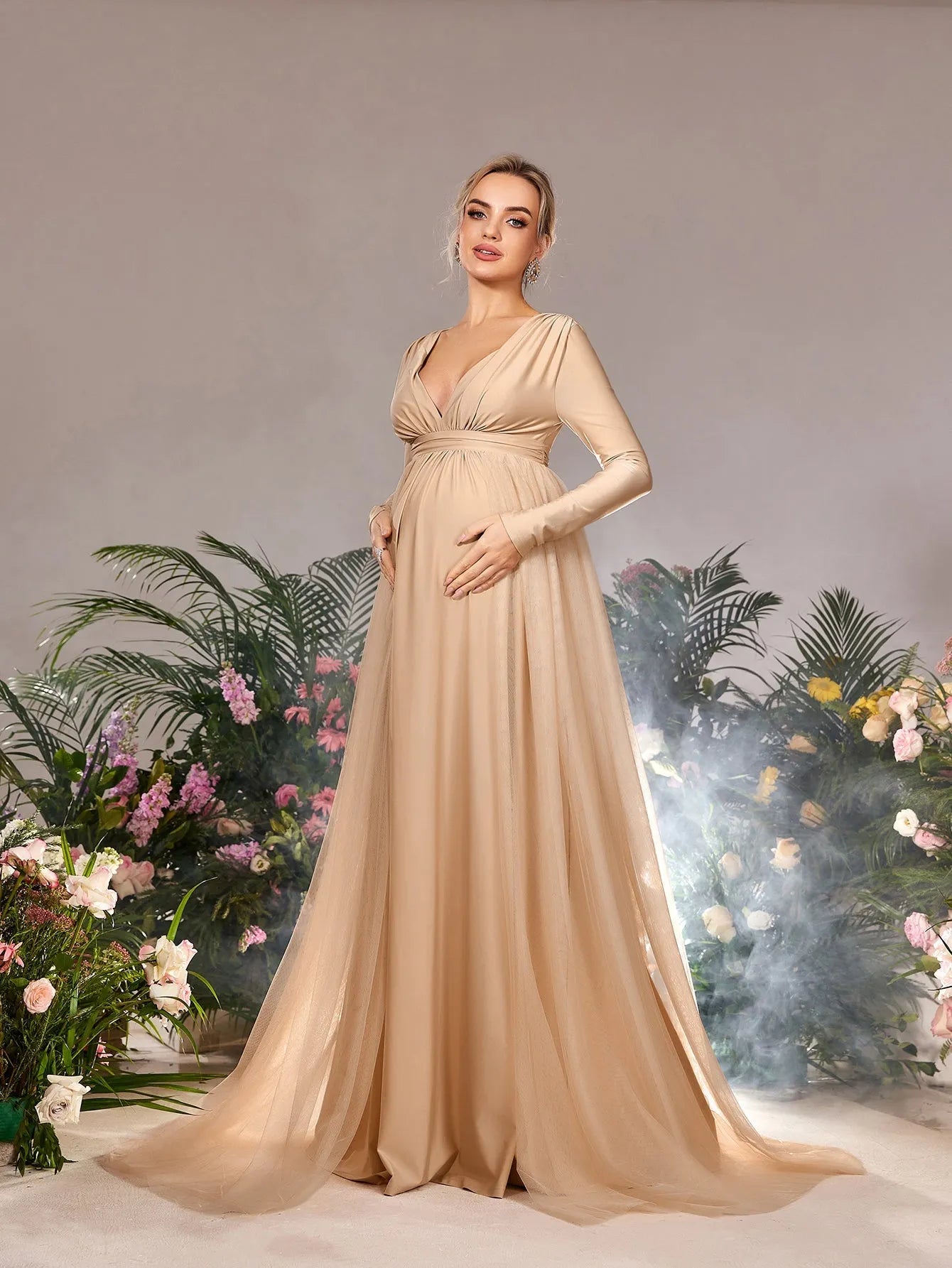 Maternity Plunging Neck Long Sleeves Contrast Mesh Evening Dress