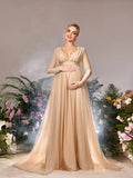 Maternity Plunging Neck Long Sleeves Contrast Mesh Evening Dress