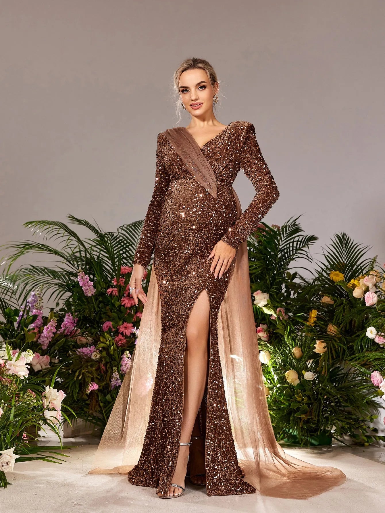 Maternity Surplice Neck Long Sleeves Mermaid Hem Sequin Evening Dress