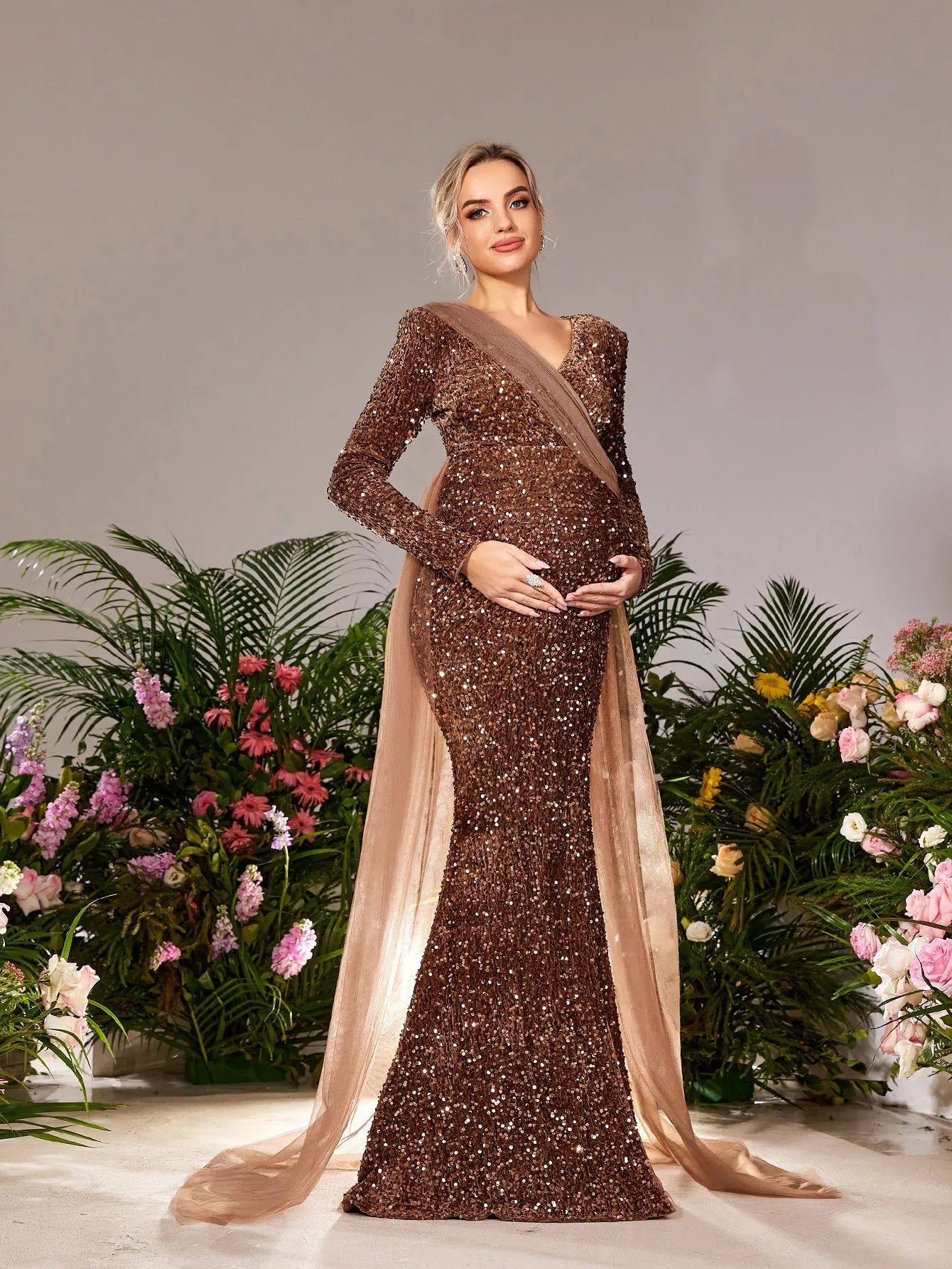 Maternity Surplice Neck Long Sleeves Mermaid Hem Sequin Evening Dress