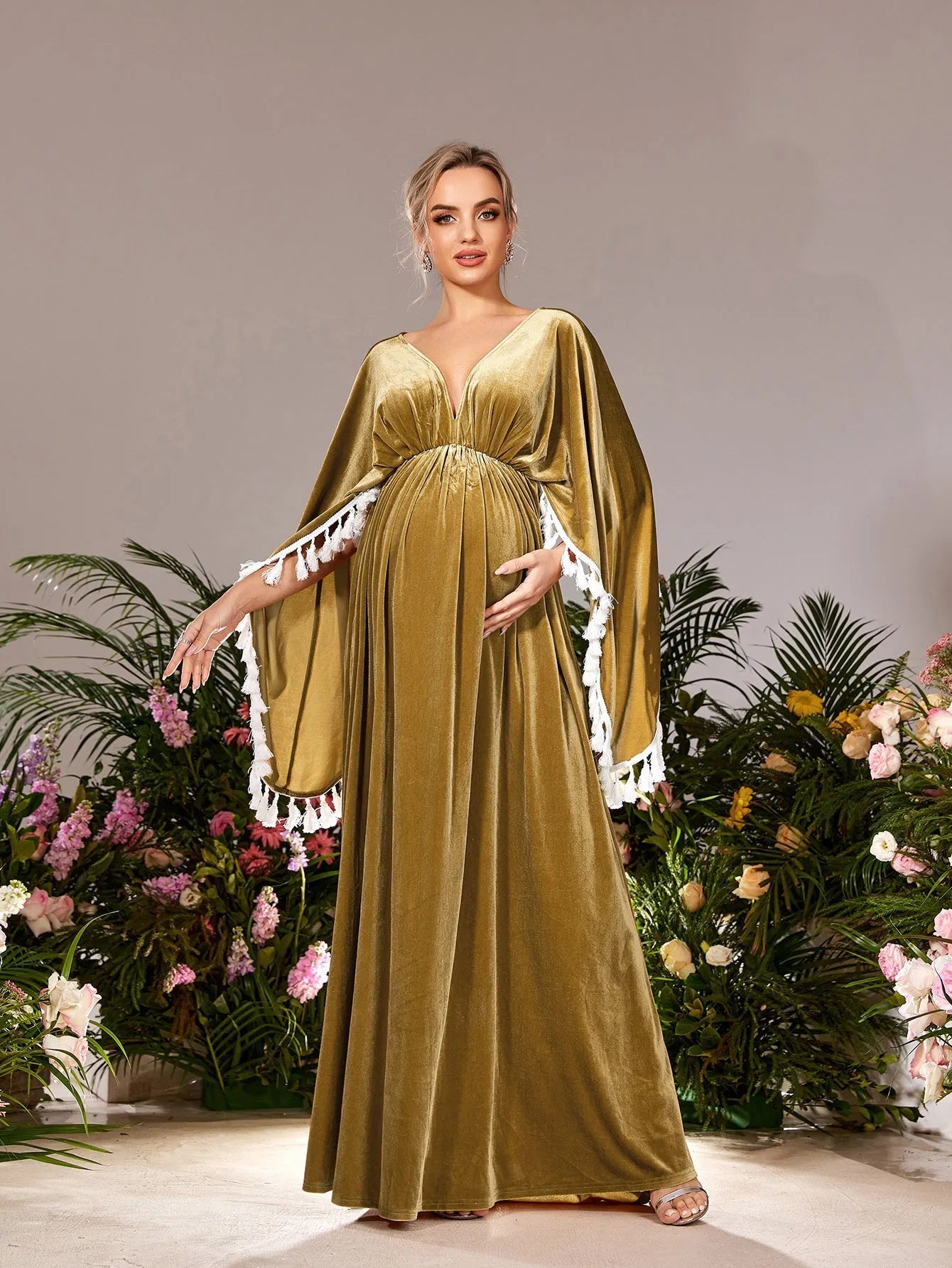 Maternity Backless Cape Sleeves Velvet Party Dress