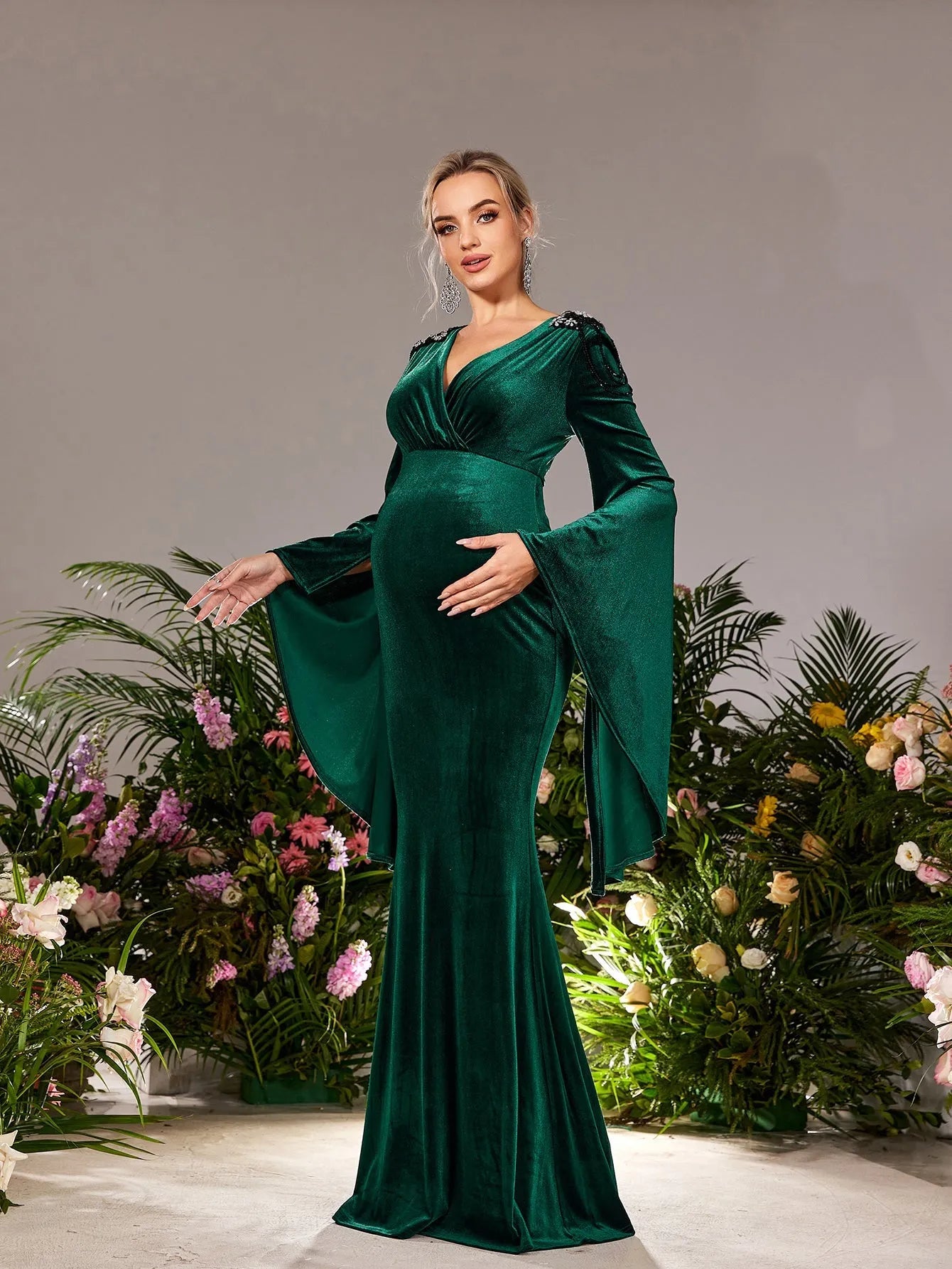 Maternity Surplice Neck Flared Sleeves Mermaid Hem Velvet Evening Dress