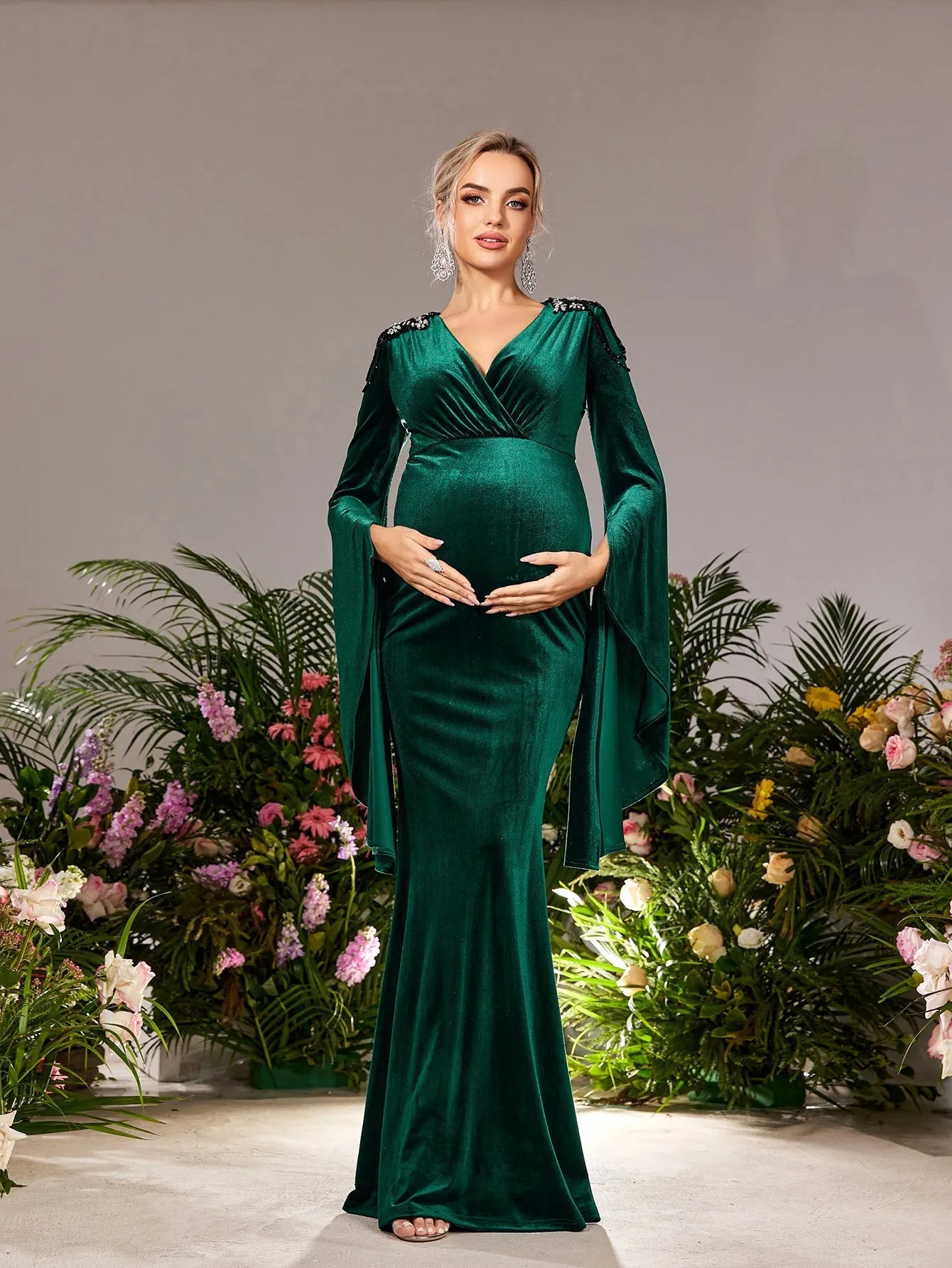 Maternity Surplice Neck Flared Sleeves Mermaid Hem Velvet Evening Dress