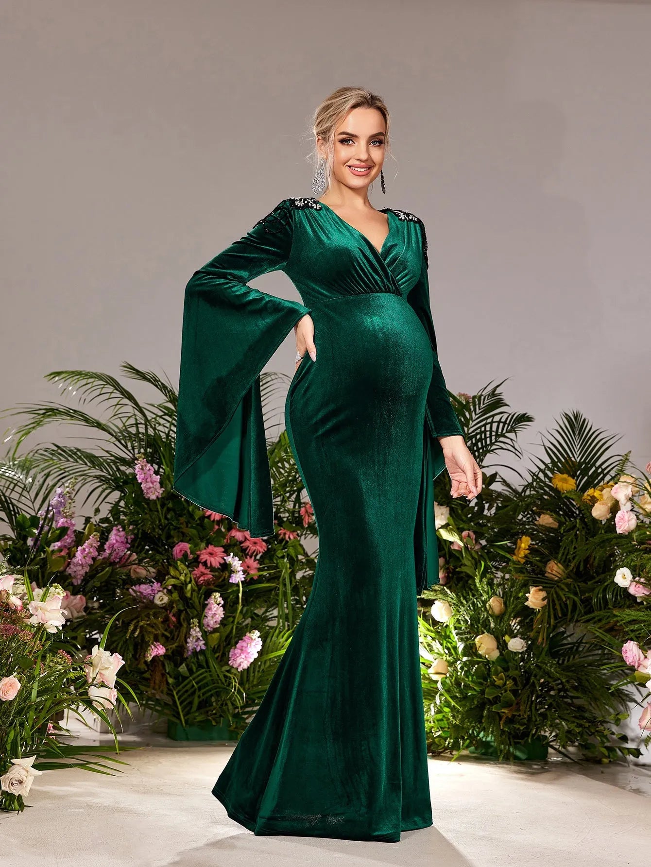 Maternity Surplice Neck Flared Sleeves Mermaid Hem Velvet Evening Dress