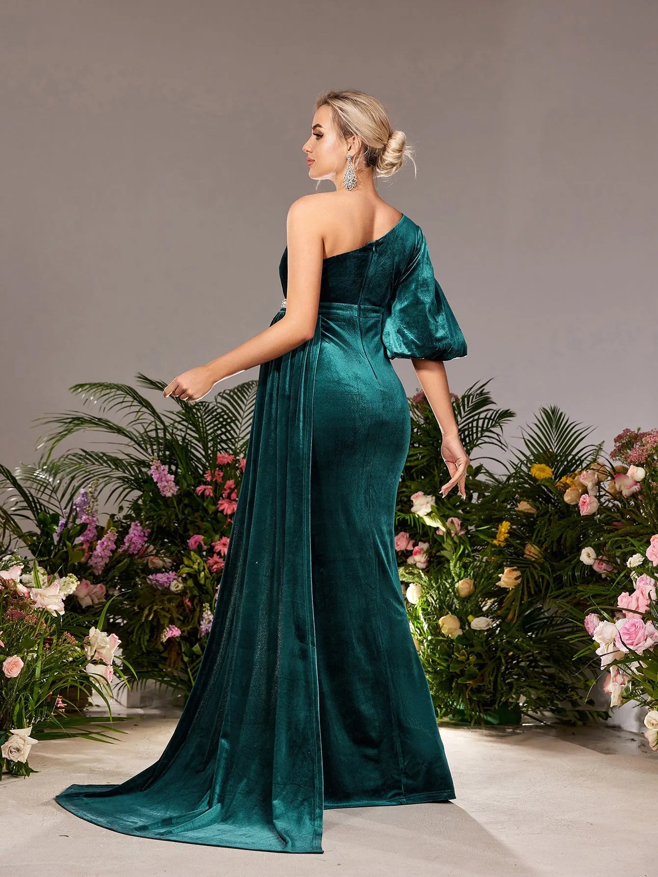 Maternity One Shoulder Split Mermaid Hem Velvet Evening Dress