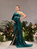 Maternity One Shoulder Split Mermaid Hem Velvet Evening Dress