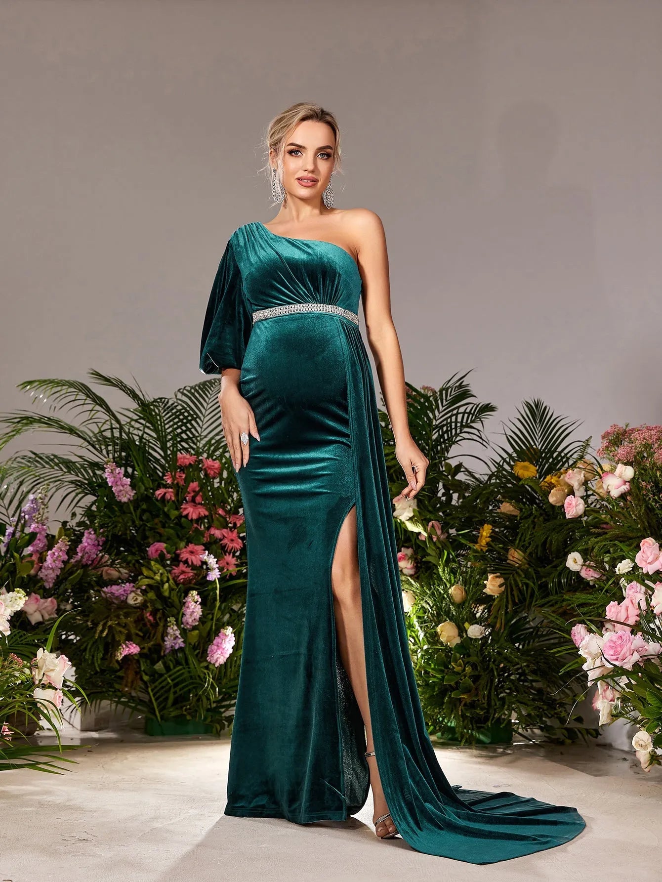 Maternity One Shoulder Split Mermaid Hem Velvet Evening Dress