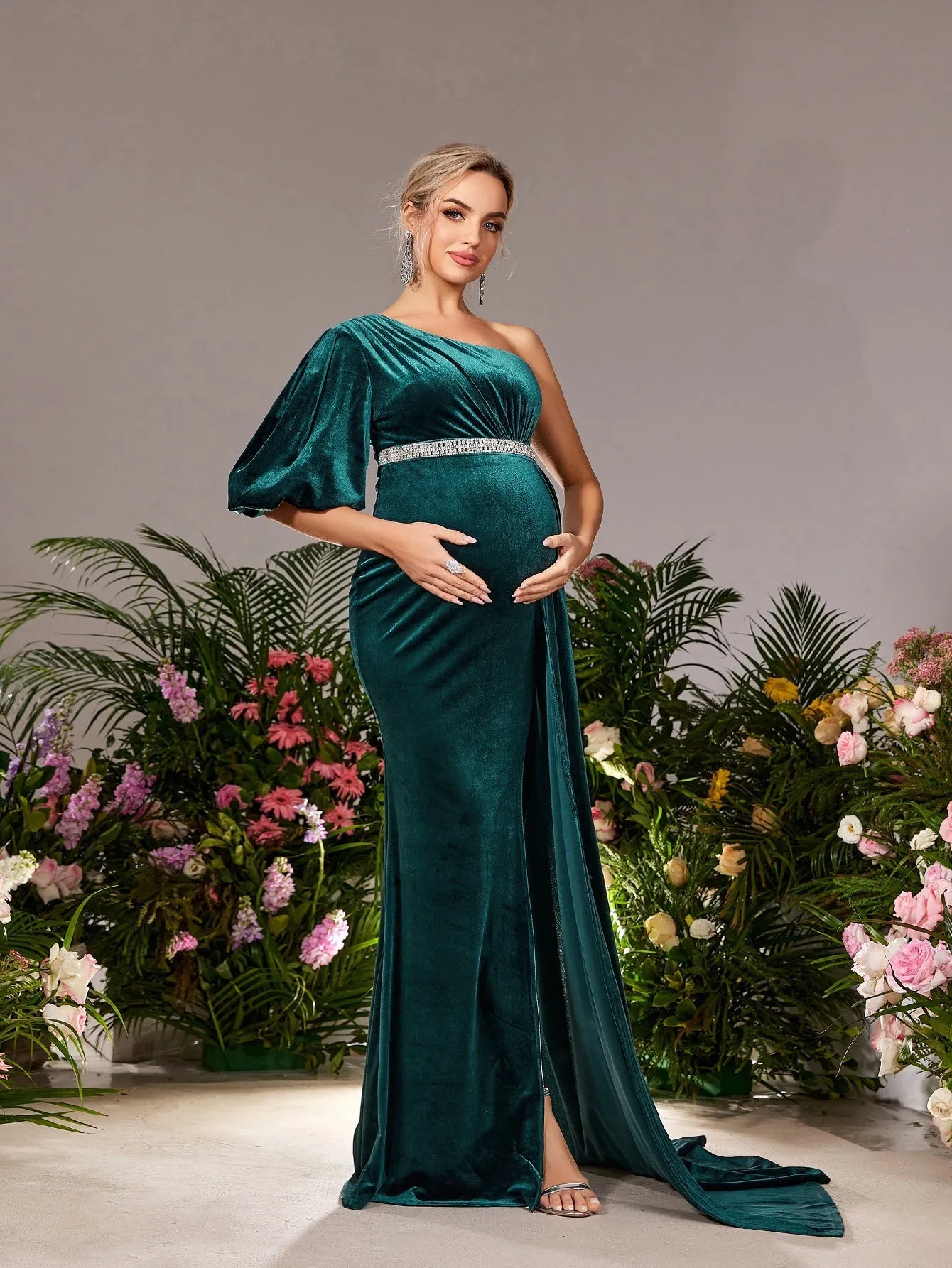 Maternity One Shoulder Split Mermaid Hem Velvet Evening Dress