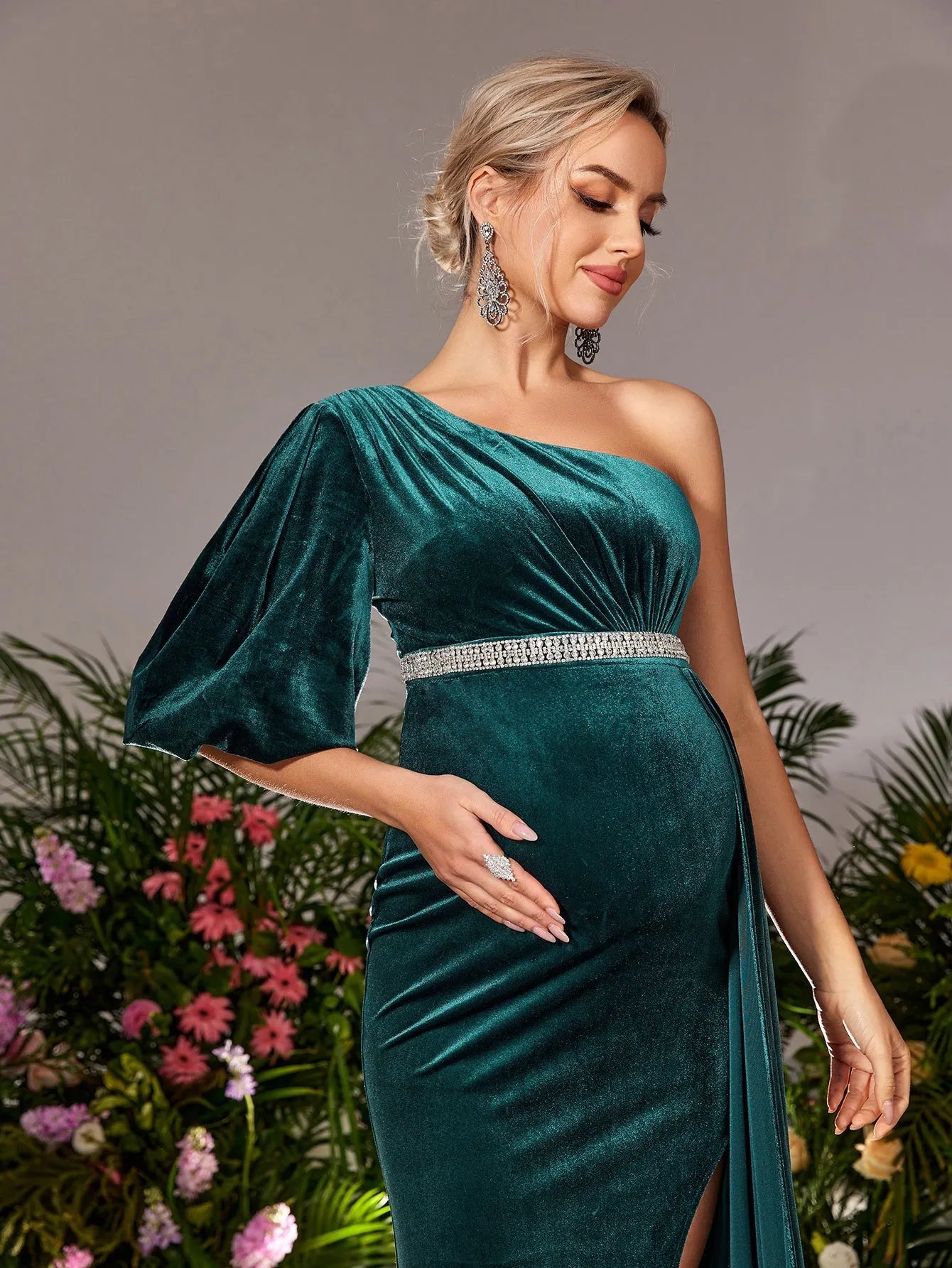 Maternity One Shoulder Split Mermaid Hem Velvet Evening Dress