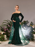 Maternity Off Shoulder Long Sleeves Mesh Overlay Mermaid Hem Sequin Evening Dress