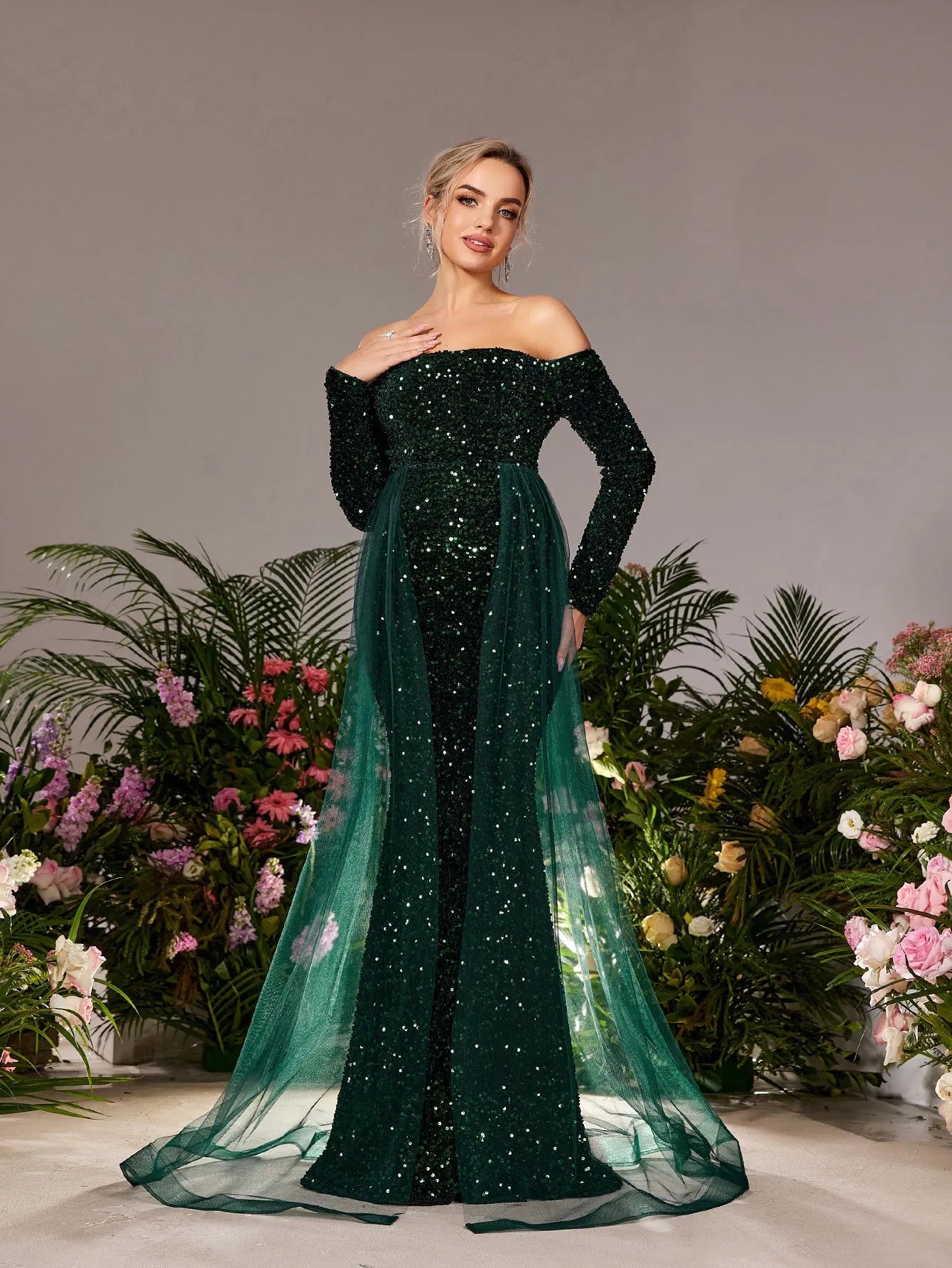 Maternity Off Shoulder Long Sleeves Mesh Overlay Mermaid Hem Sequin Evening Dress