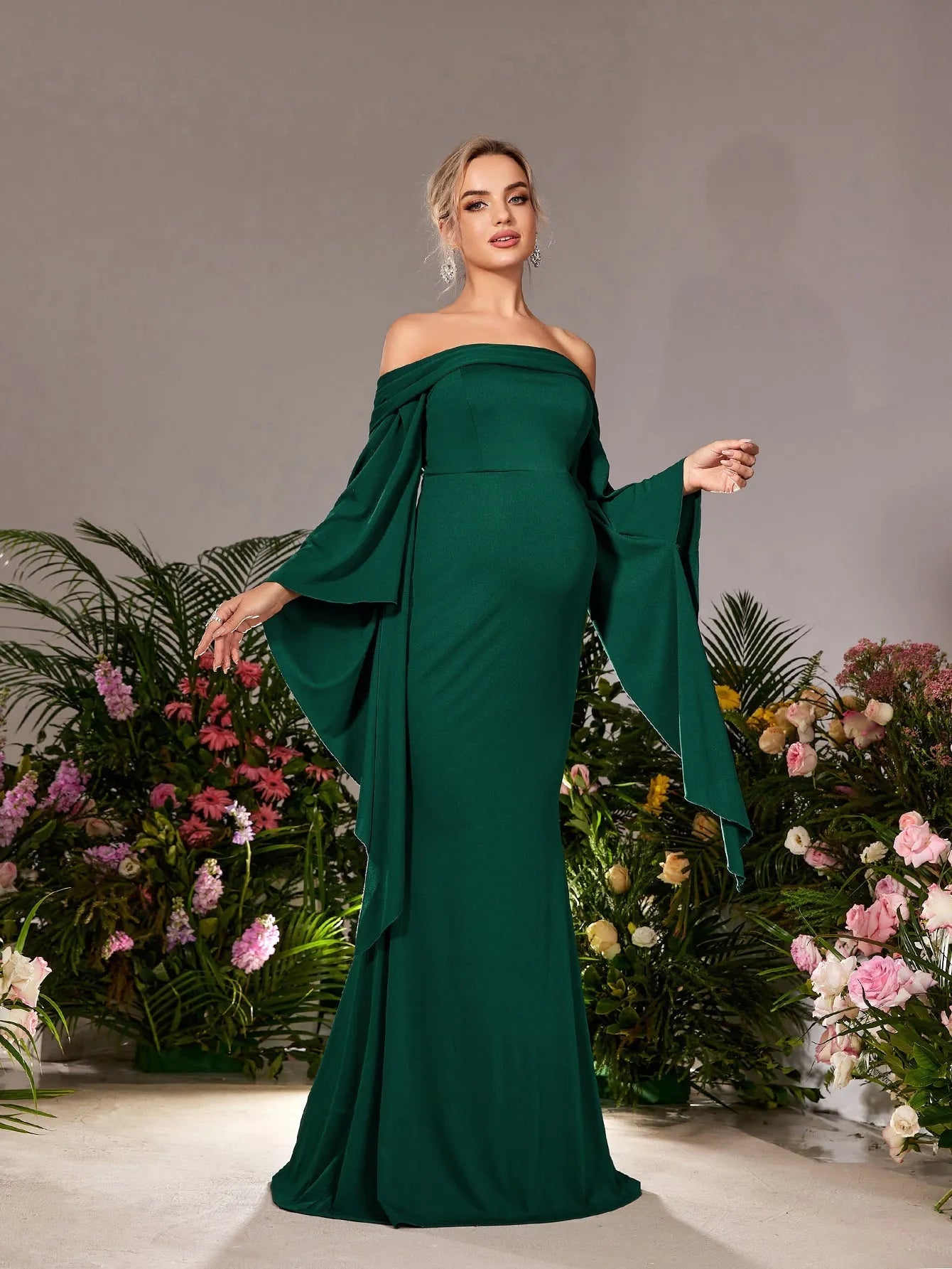 Maternity Off Shoulder Flared Sleeves Mermaid Hem Evening Dress