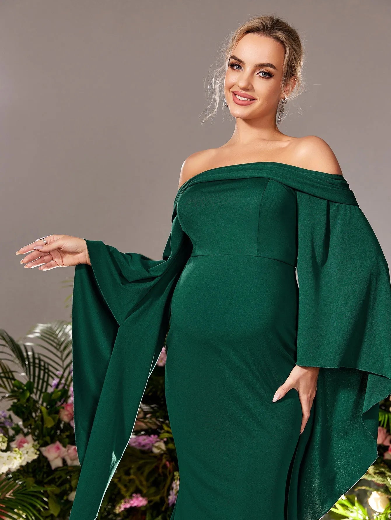 Maternity Off Shoulder Flared Sleeves Mermaid Hem Evening Dress