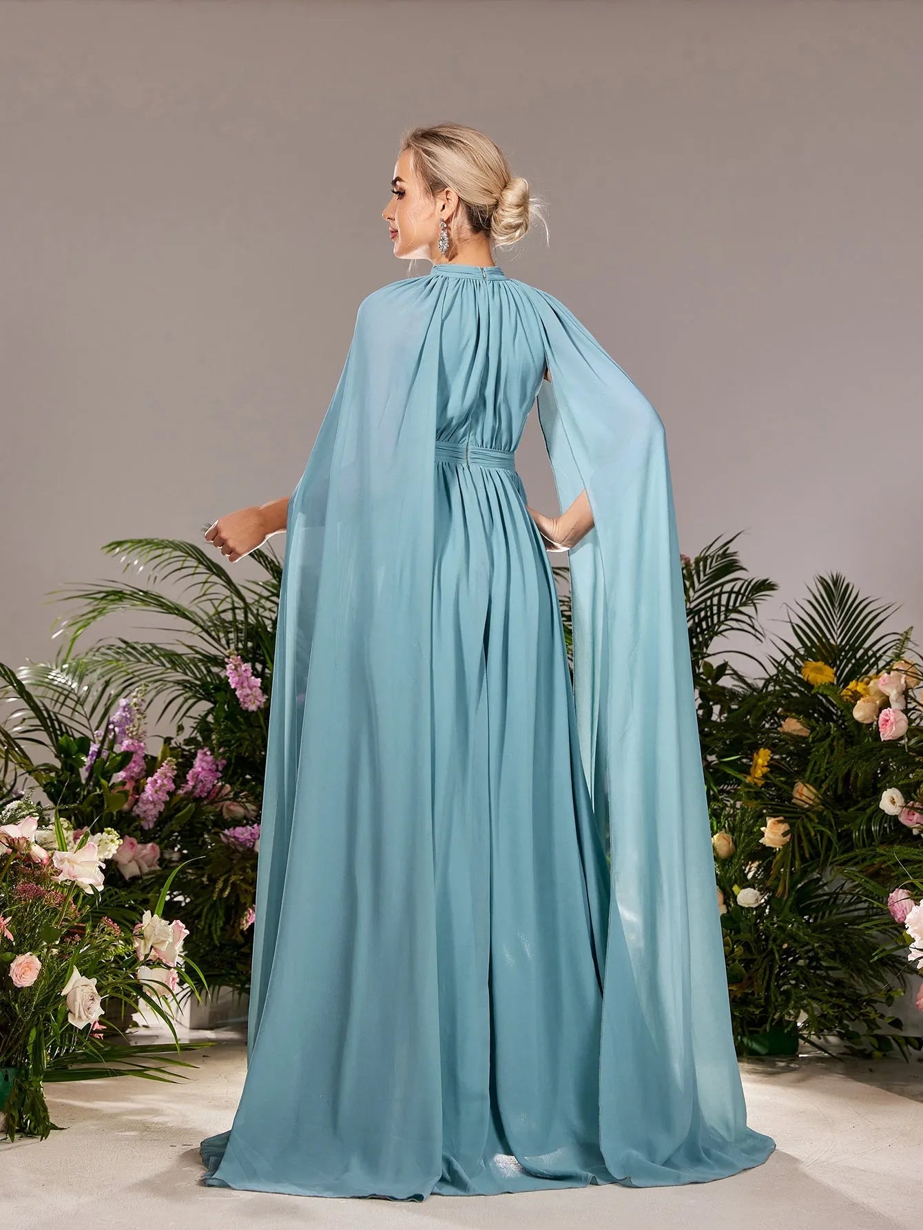 Maternity Mock Neck Cape Sleeves Chiffon Evening Dress