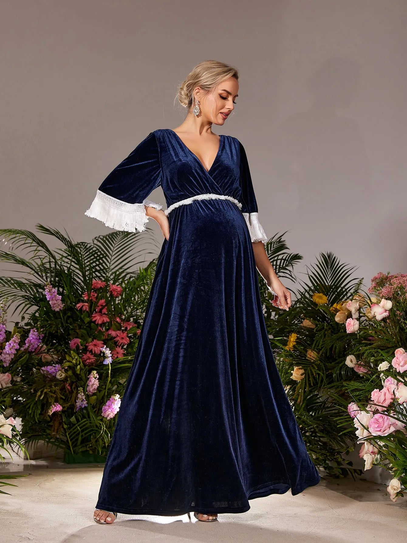 Maternity V Neck Half Sleeves Velvet Party Dress