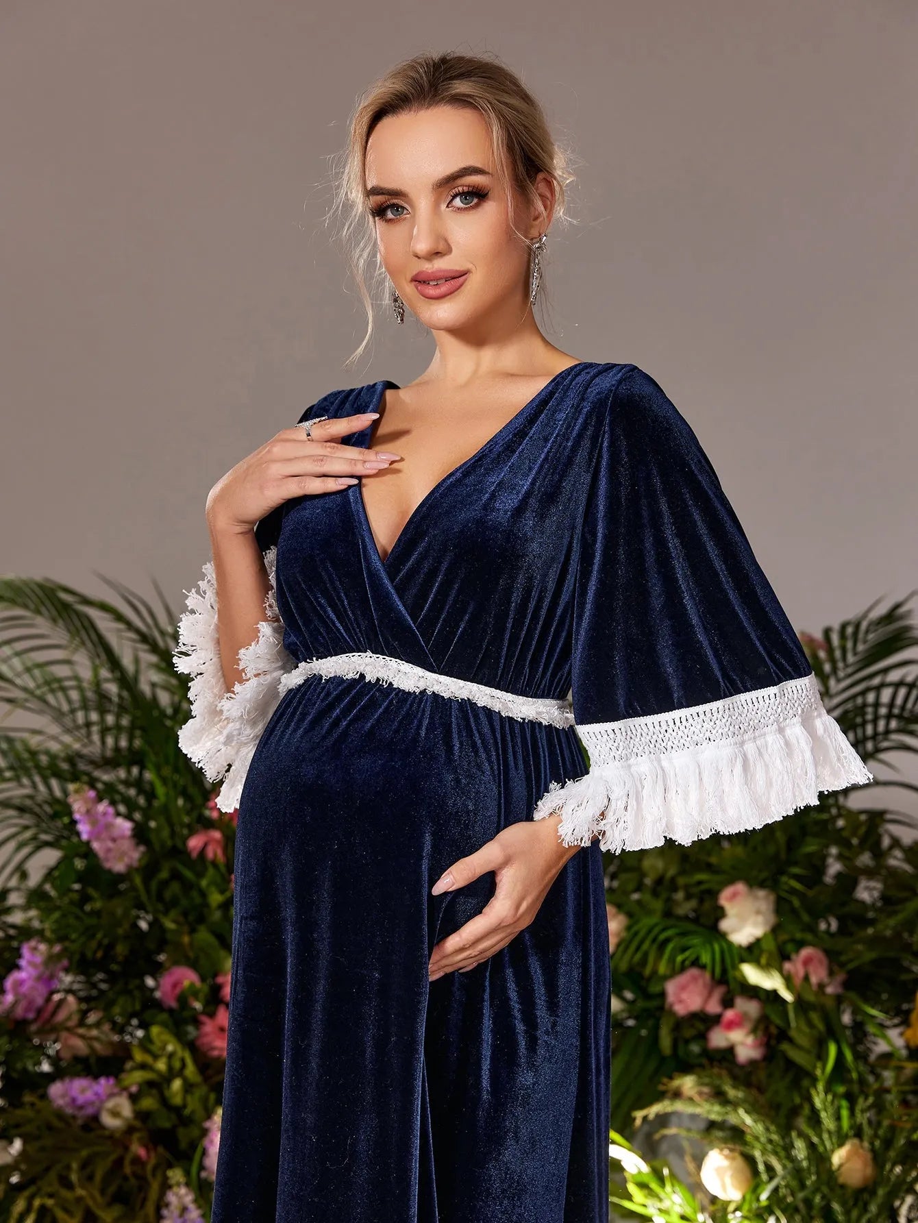 Maternity V Neck Half Sleeves Velvet Party Dress