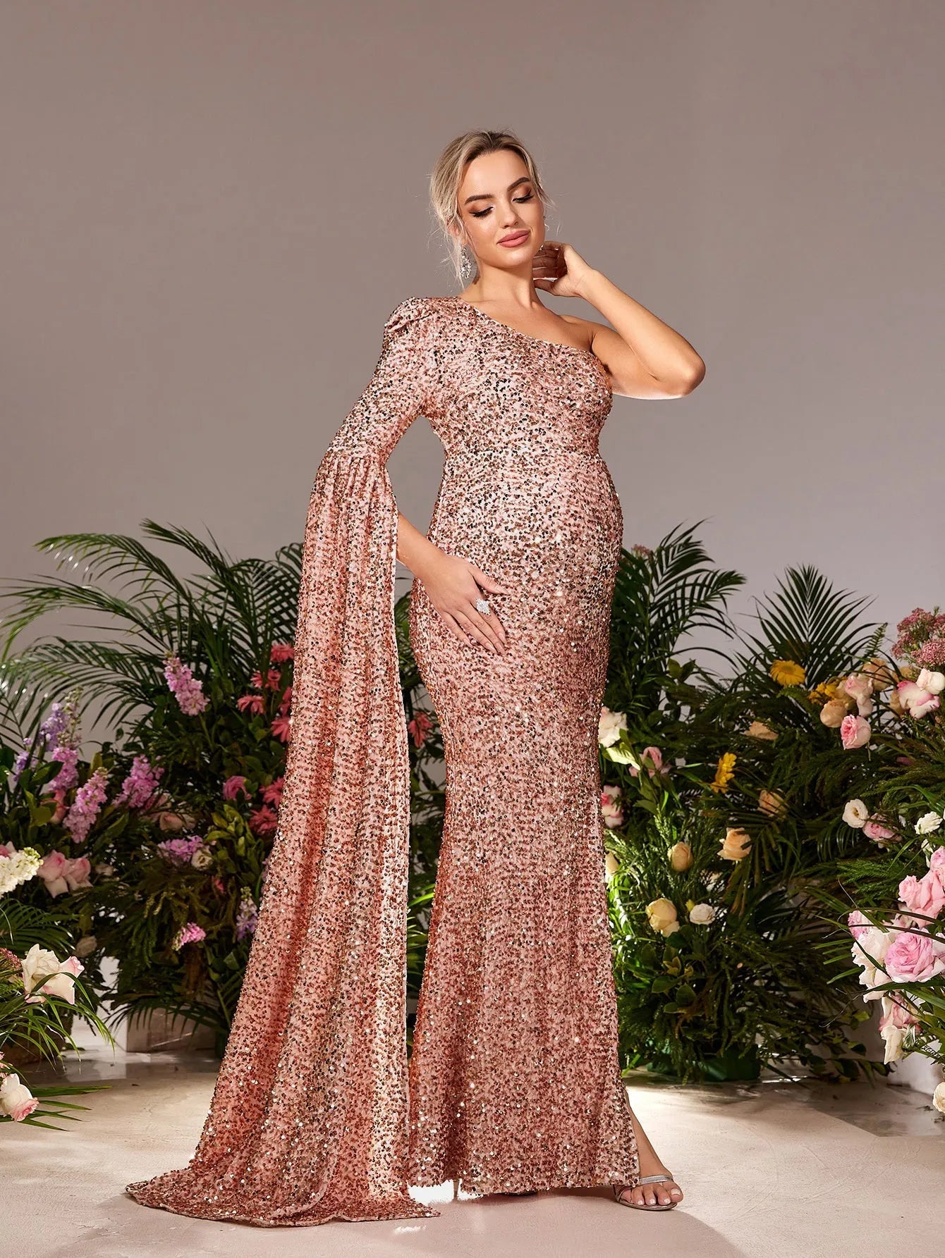 Maternity One Shoulder Extra Single Long Sleeve Mermaid Hem Sequin Formal Dress