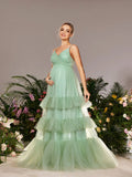 Maternity Ruffle Layered Hem Tulle Cami Prom Dress