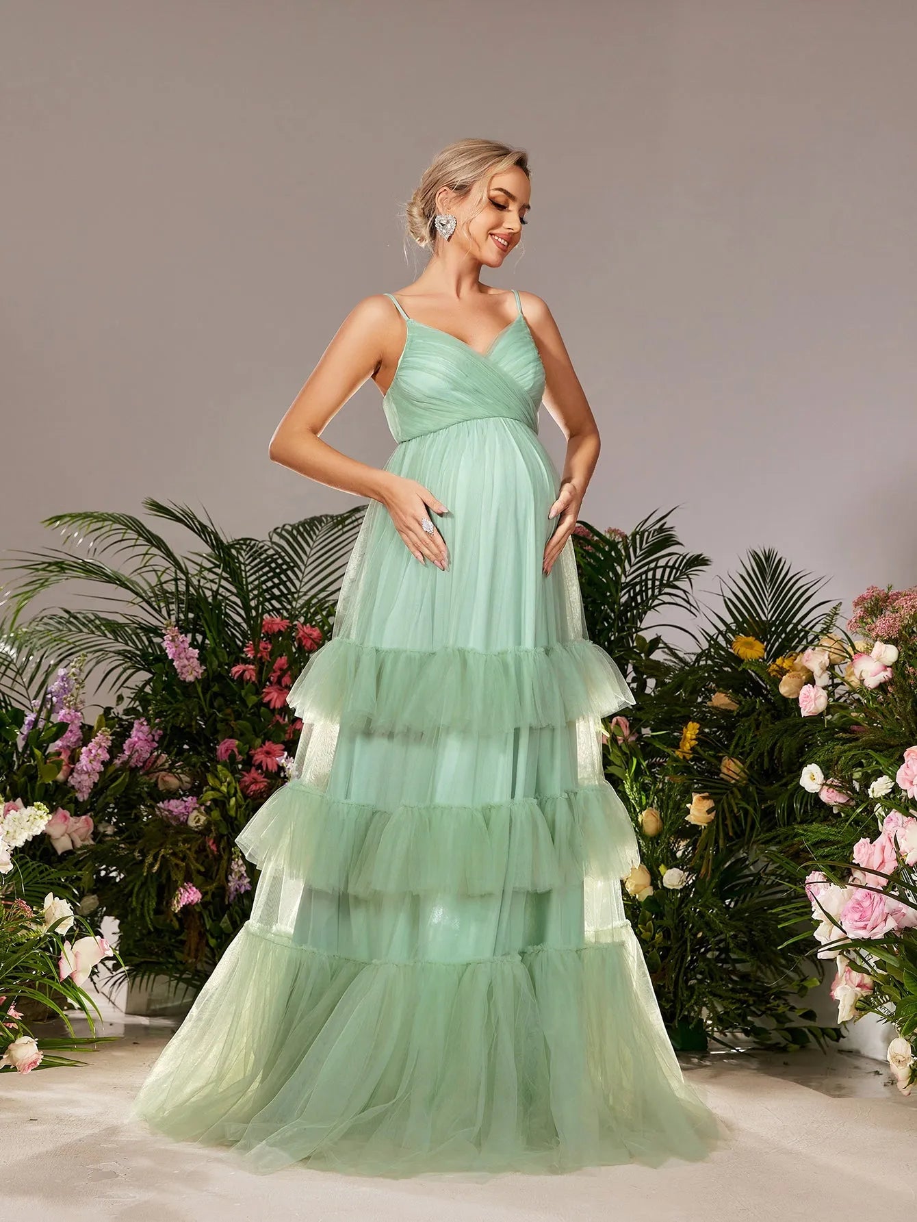 Maternity Ruffle Layered Hem Tulle Cami Prom Dress