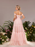 Maternity Cold Shoulder Ruffle Layered Hem Tulle Cami Prom Dress