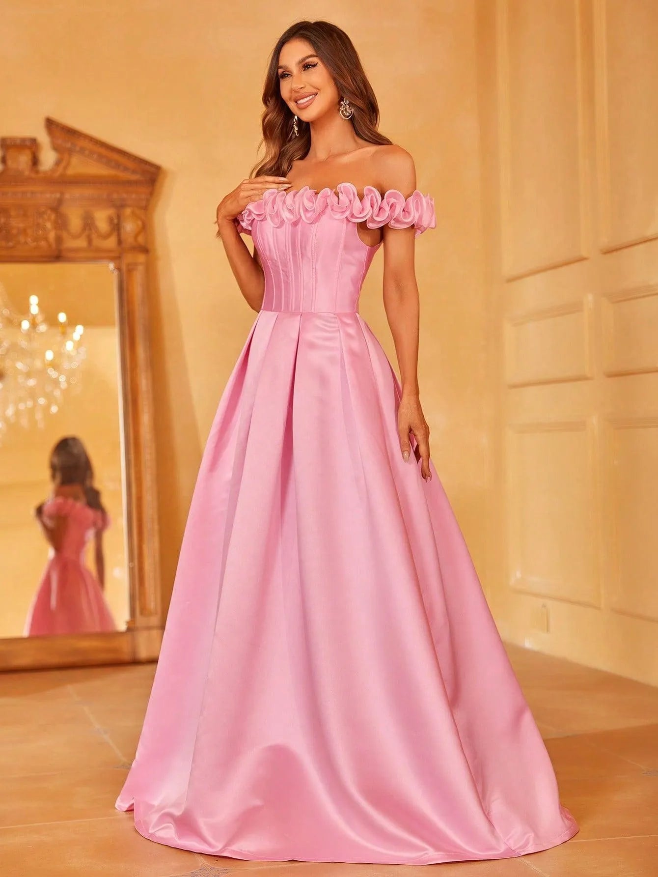 Off Shoulder Ruffle Trim Satin Prom Dress - Elonnashop