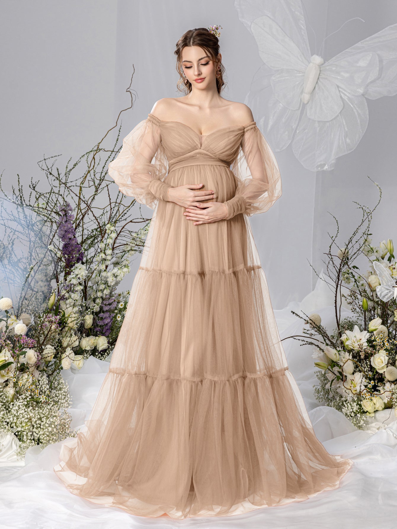Maternity Off Shoulder Bishop Sleeves Layered Tulle Photography Dress