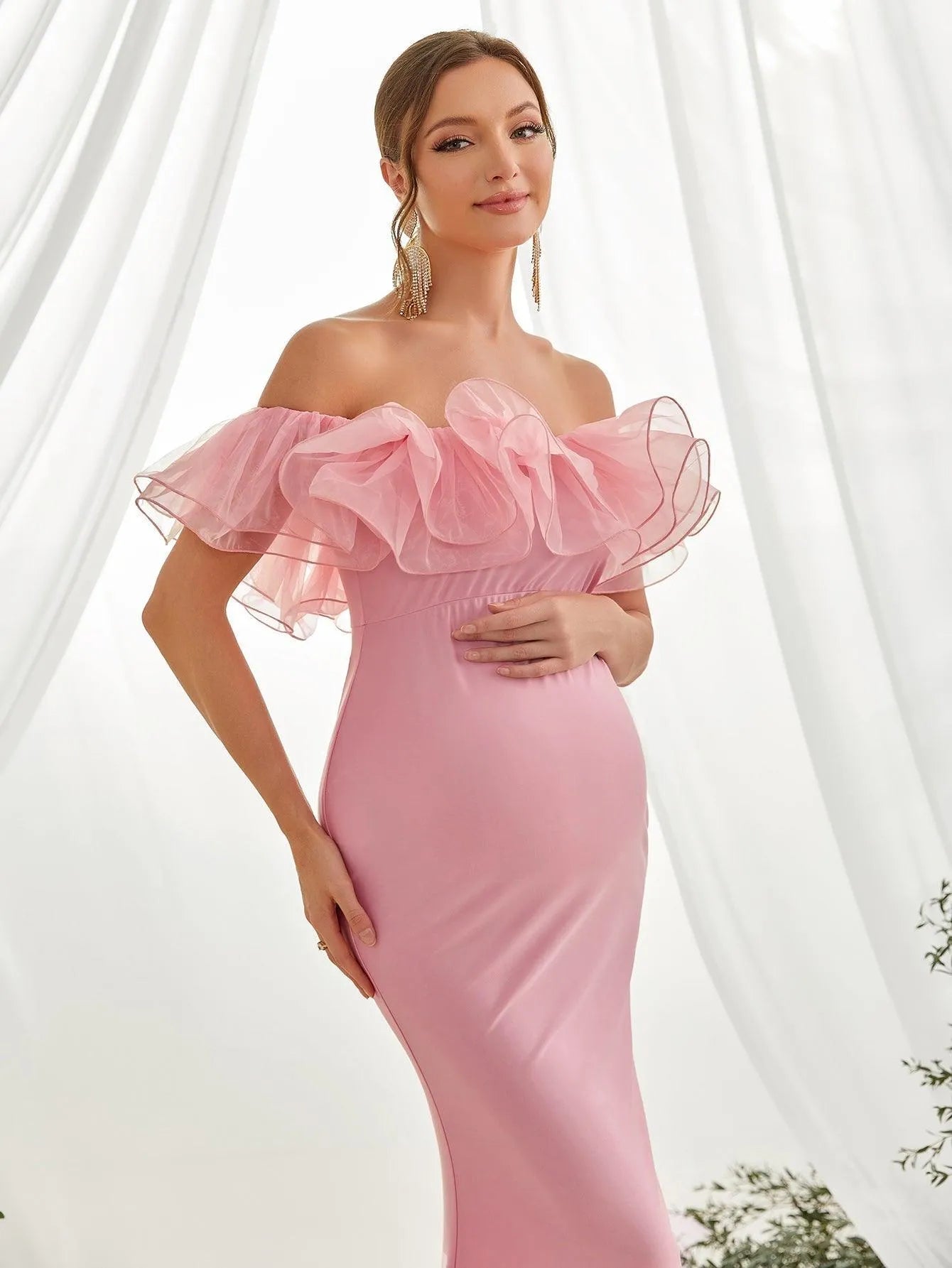 Maternity Ruffle Trim Off Shoulder Mermaid Hem Party Dress - Elonnashop