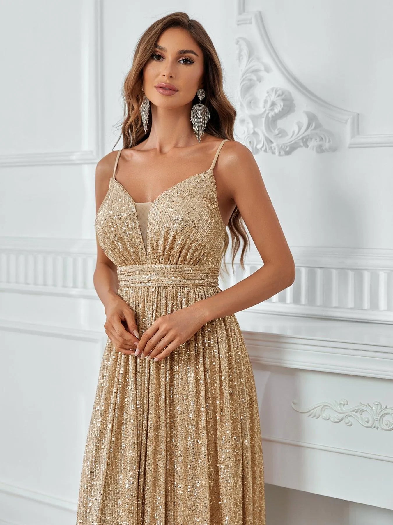 Elegant Plunging Neck A Line Sequin Slip Dress - Elonnashop