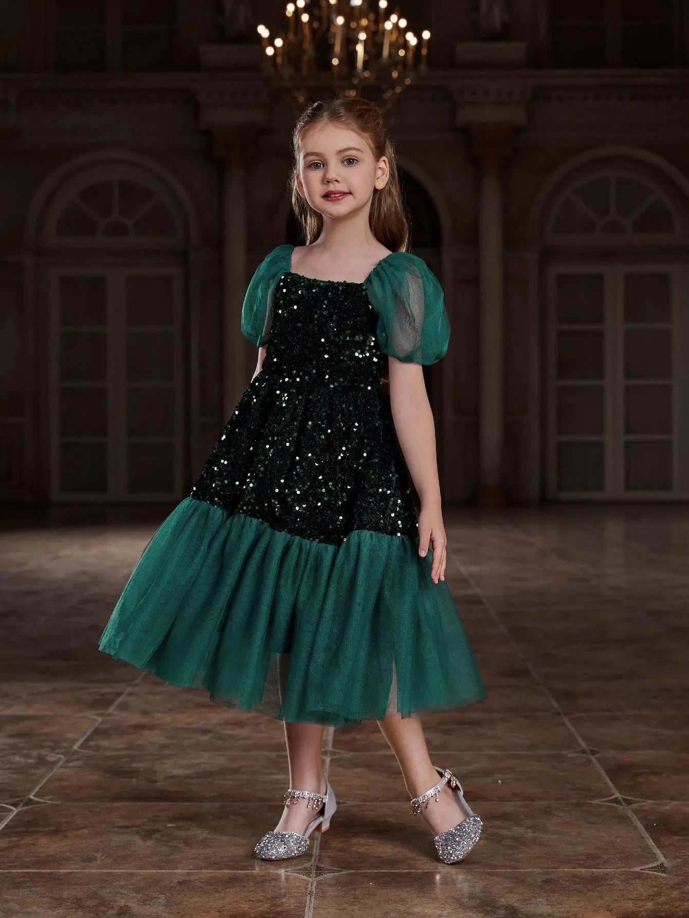 Tween Girls' Puff Sleeves Contrast Mesh Sequin Party Dress - Elonnashop