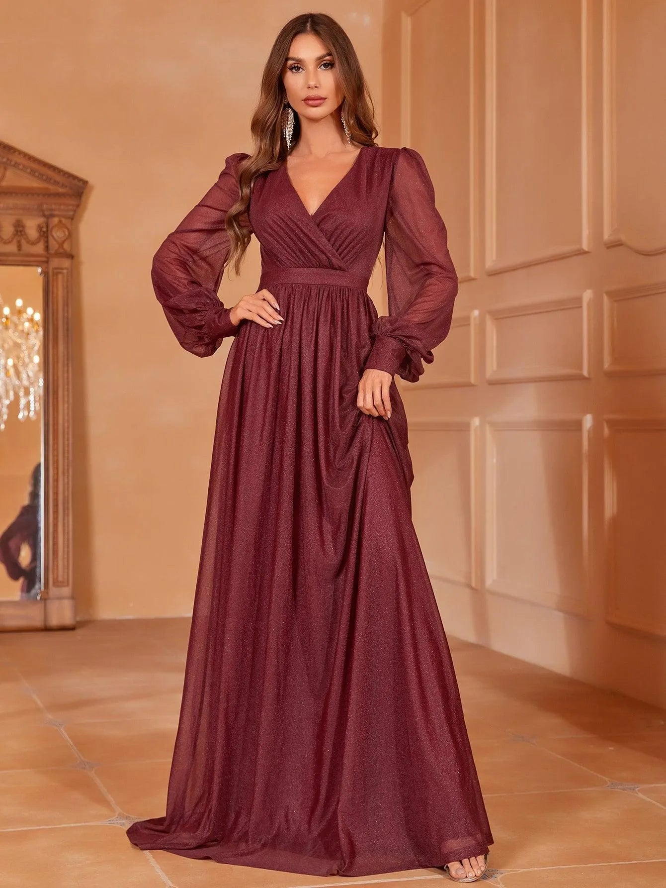 Elegant V Neck Lantern Sleeves Maxi A Line Dress - Elonnashop