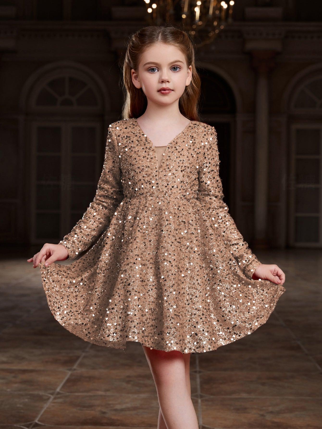 Tween Girls' V Neck Backless Sequin Party Dress - Elonnashop