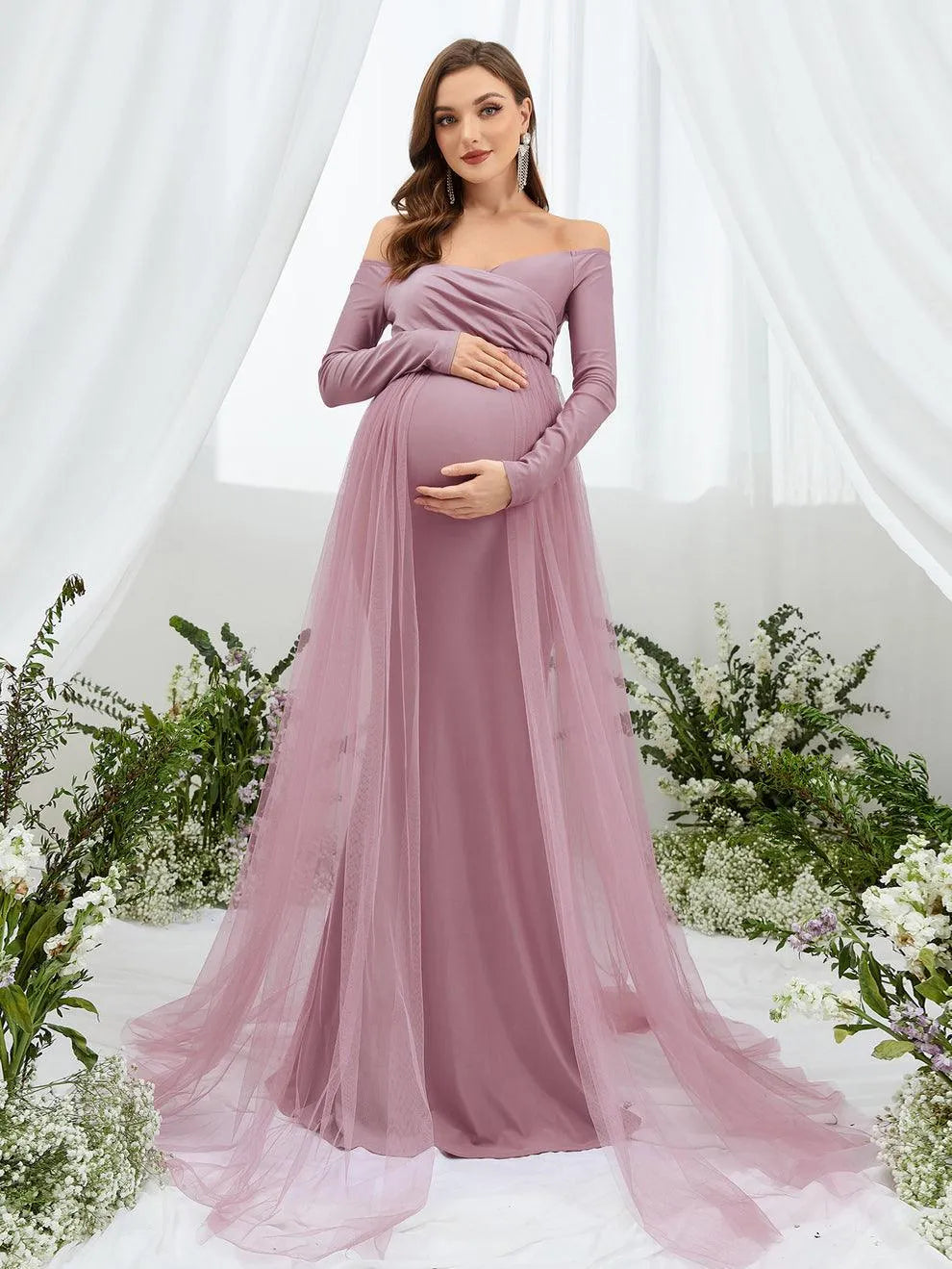 Maternity Off Shoulder Contrast Mesh Mermaid Dress - Elonnashop