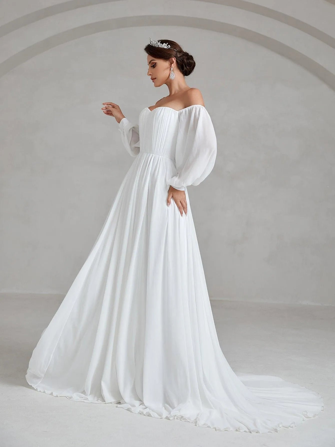 Off Shoulder Lantern Sleeve Chiffon Wedding Dress - Elonnashop