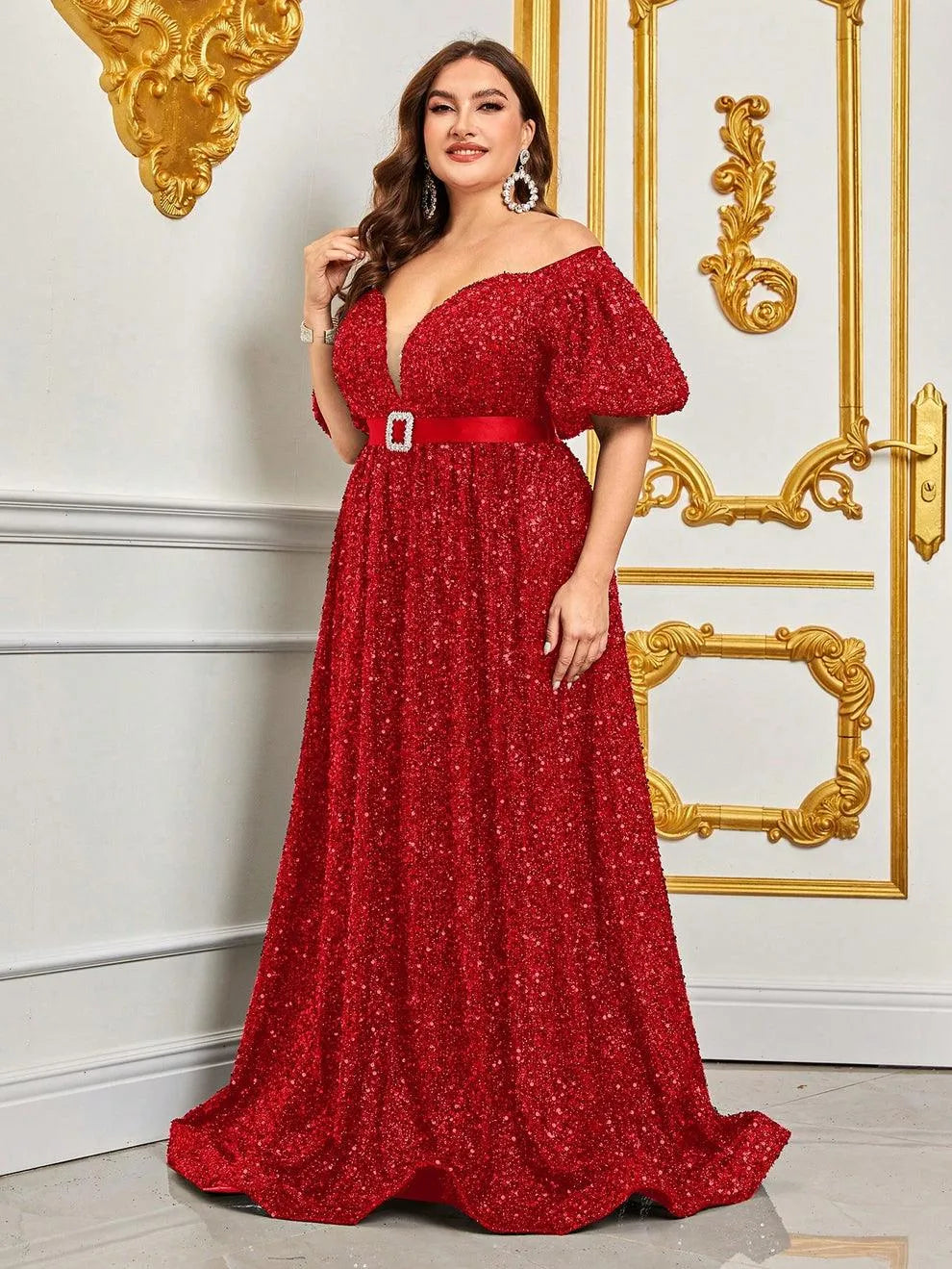 Plus Off Shoulder Puff Sleeves Sequin Formal Dress - Elonnashop