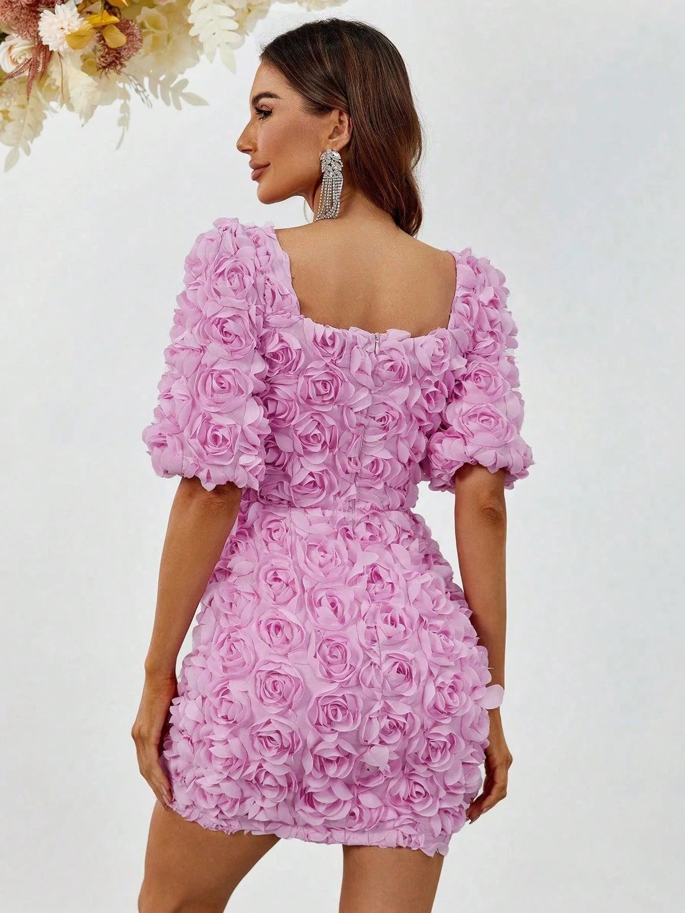 Cut Out Front Puff Sleeve 3D Flower Party Dress - Elonnashop