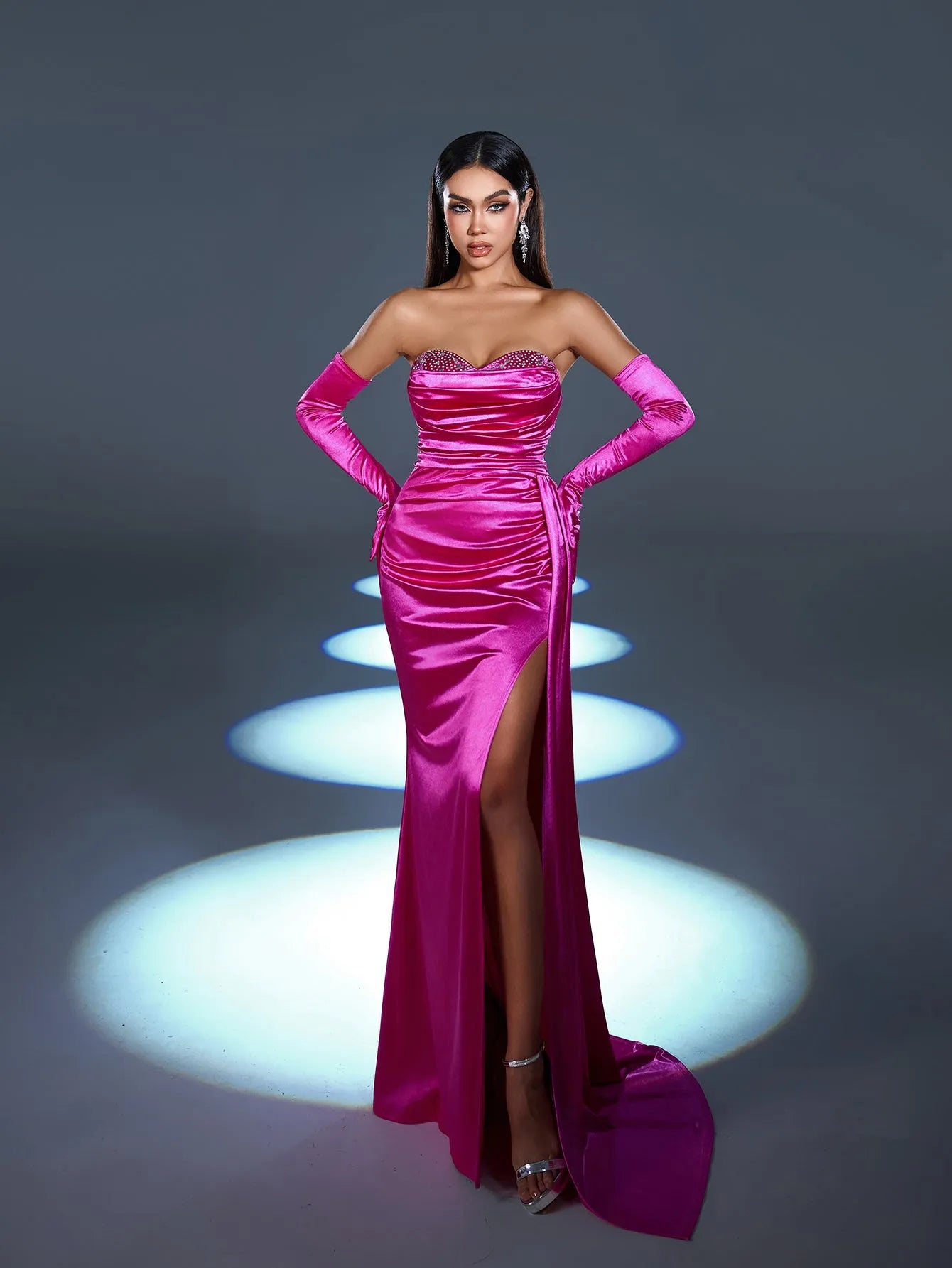 satin tube dress Elegant Rhinestone Detail Split Satin Formal Party Tube Dress (Gloves – Elonnashop