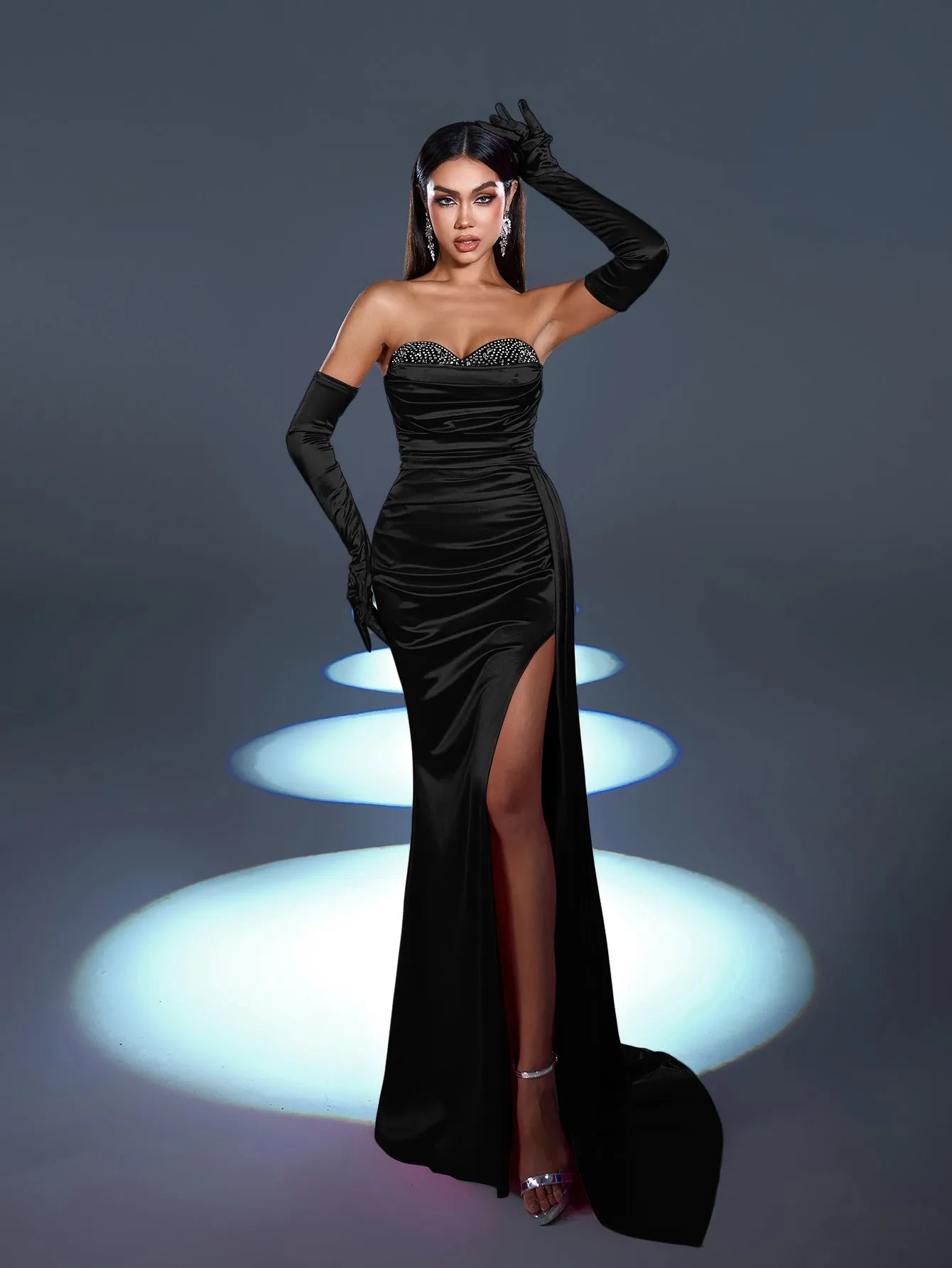 Elegant Rhinestone Detail Split Satin Formal Party Tube Dress （Gloves Included）