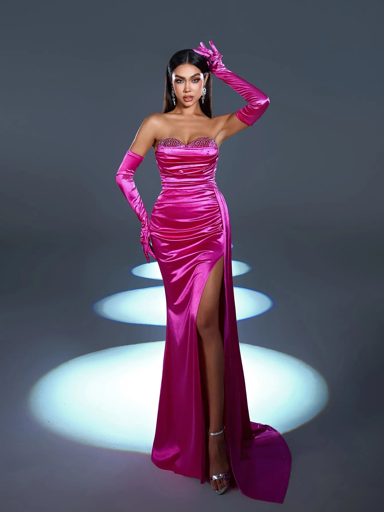 Elegant Rhinestone Detail Split Satin Formal Party Tube Dress （Gloves Included）