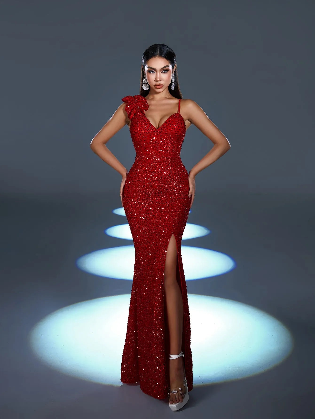 Elegant Asymmetrical Straps Split Mermaid Hem Sequin Evening Dress