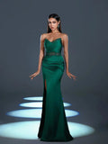 Elegant Strapless Contrast Sequin Split Thigh Satin Mermaid Party Dress