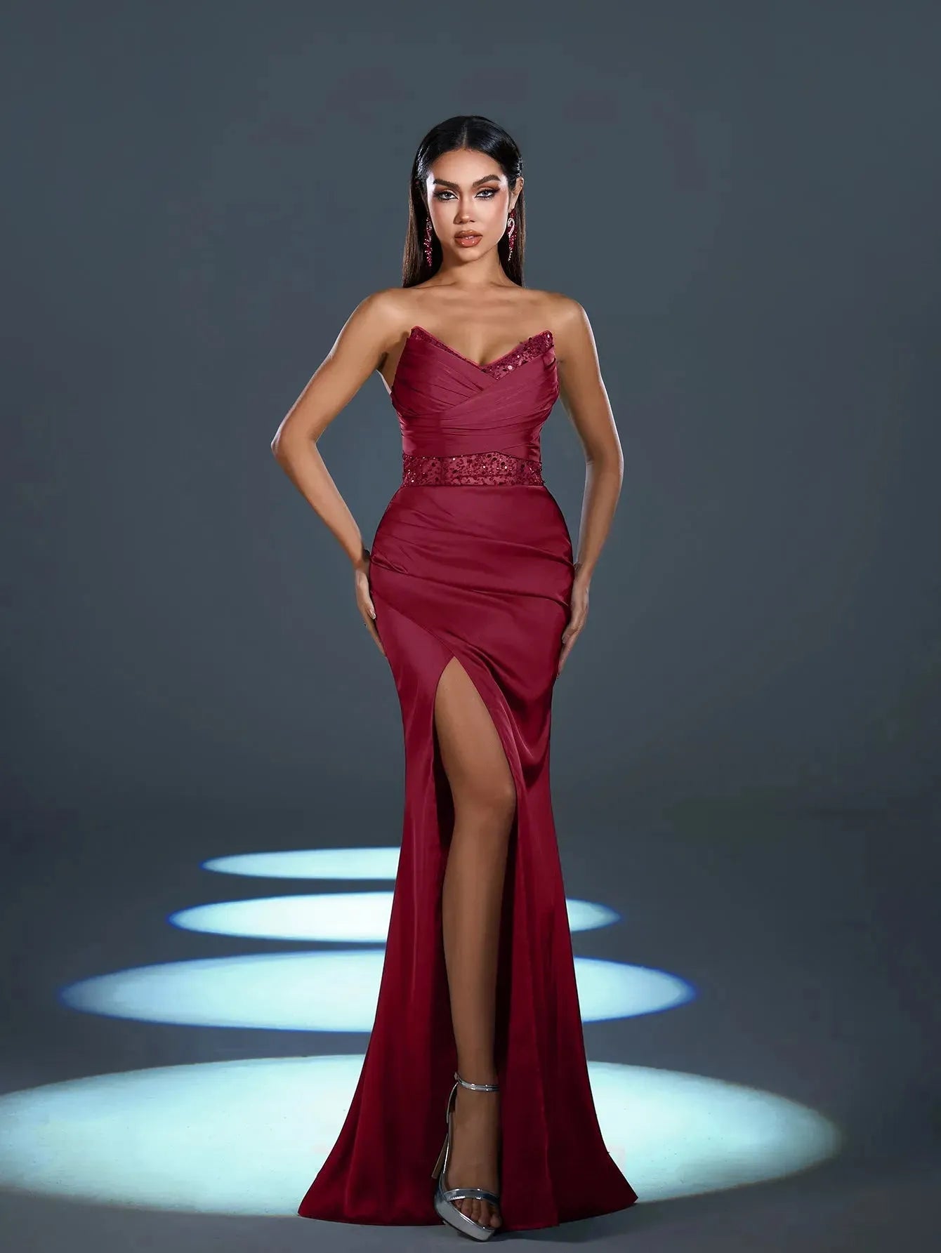 Elegant Strapless Contrast Sequin Split Thigh Satin Mermaid Party Dress