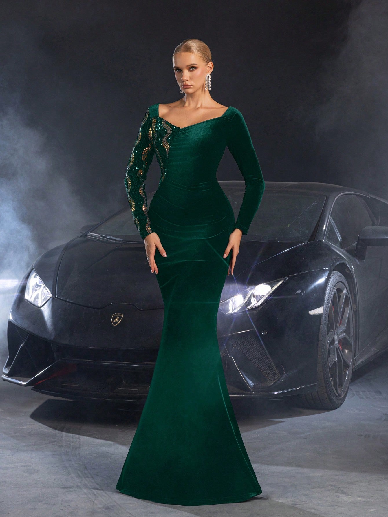 Elegant Asymmetric Long Sleeve Mermaid Gown with Sequined Accents, Luxury Evening Dress