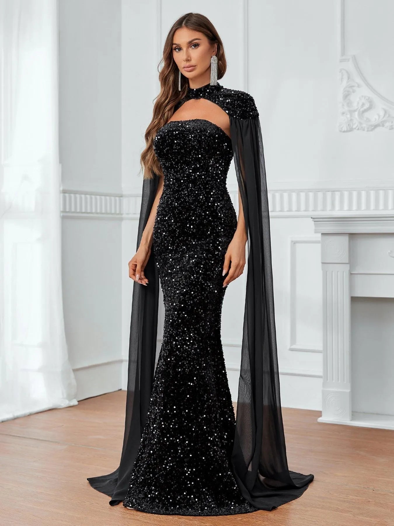 Black Chiffon Cloak Sleeves Sequin Tube Dress - Black / XS Black Chiffon Cloak Sleeves Sequin Tube Dress - Black / XS