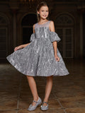 Tween Girls' Puff Sleeve Contrast Mesh Sequin Party Dress - Elonnashop