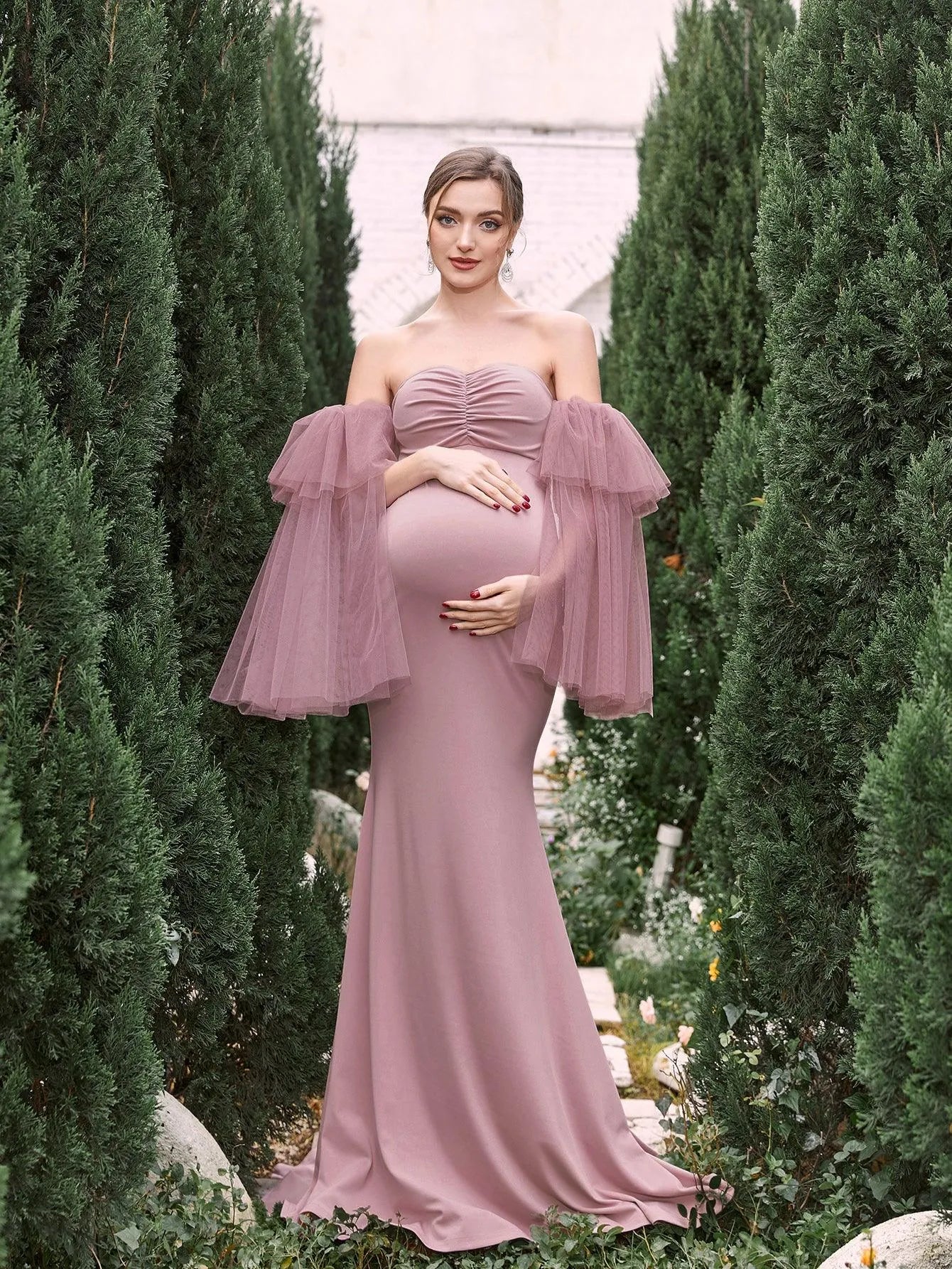 Maternity Mesh Sleeves Mermaid Hem Tube Prom Dress - Mauve / M Maternity Mesh Sleeves Mermaid Hem Tube Prom Dress - Mauve / M
