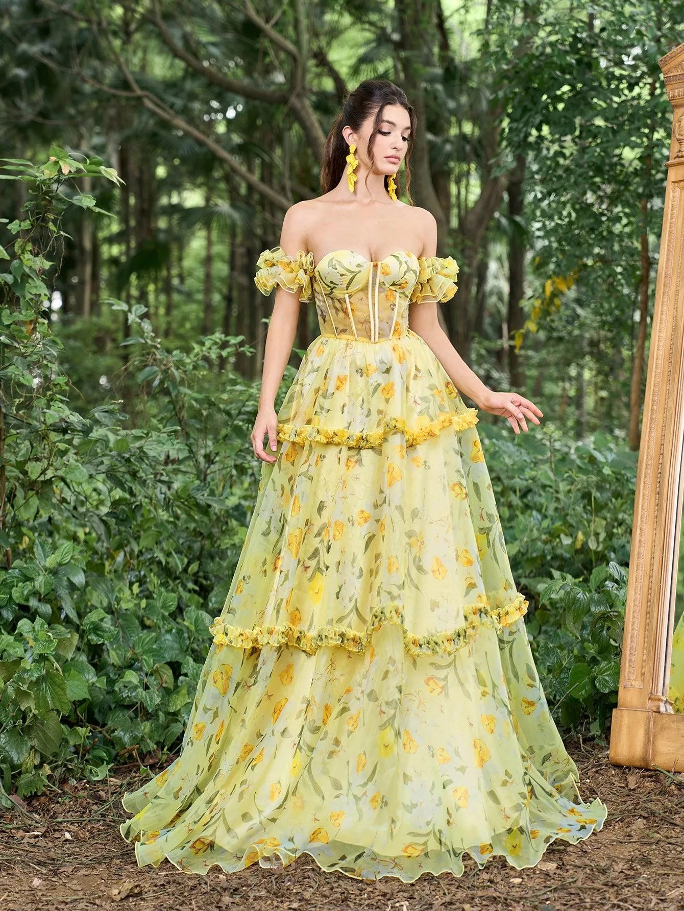 Elegant Ruffle Trim Off Shoulder Floral Tulle Prom Dress - Elonnashop