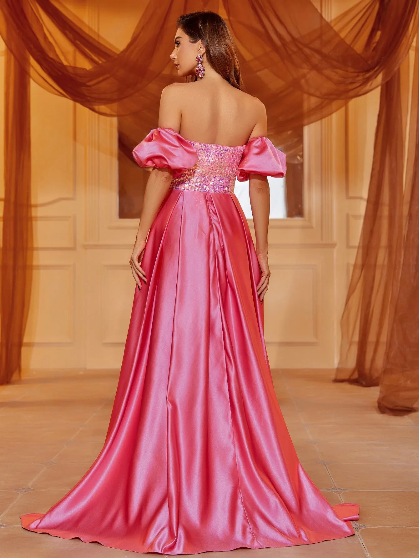 Off Shoulder Satin Overlay Tube Party Dress