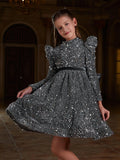 Tween Girls' Mock Neck Gigot Sleeve Sequin A Line Dress - Elonnashop